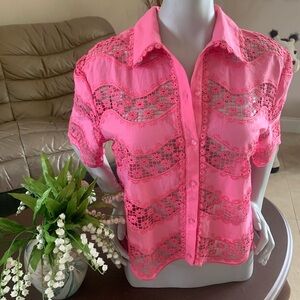 Ultra Pink Sheer Crochet Panel Button-Down Top in Bright Pink